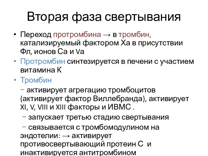 Вторая фаза свертывания Переход протромбина → в тромбин, катализируемый фактором