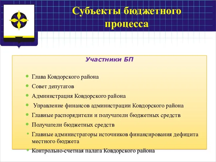 Субъекты бюджетного процесса Участники БП Глава Ковдорского района Совет депутатов