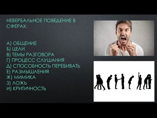 НЕВЕРБАЛЬНОЕ ПОВЕДЕНИЕ В СФЕРАХ: А) ОБЩЕНИЕ Б) ЦЕЛИ В) ТЕМЫ РАЗГОВОРА Г) ПРОЦЕСС