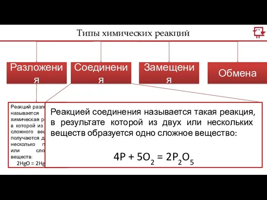 Типы химических реакций Разложения Соединения Замещения Обмена Реакций разложения называется