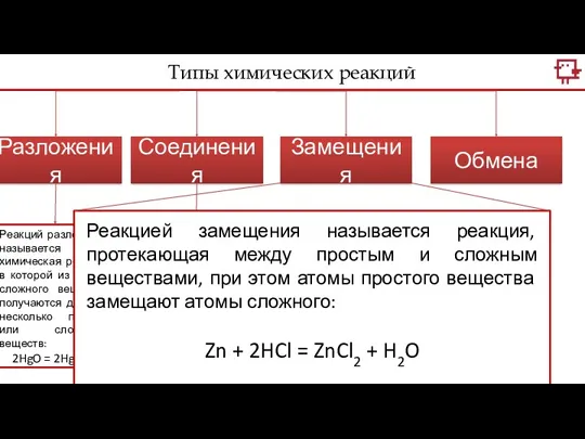 Типы химических реакций Разложения Соединения Замещения Обмена Реакций разложения называется