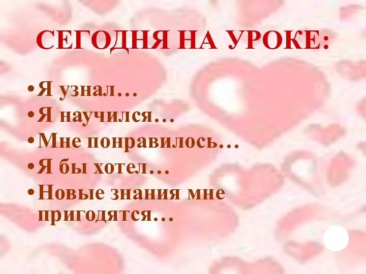 СЕГОДНЯ НА УРОКЕ: Я узнал… Я научился… Мне понравилось… Я бы хотел… Новые знания мне пригодятся…