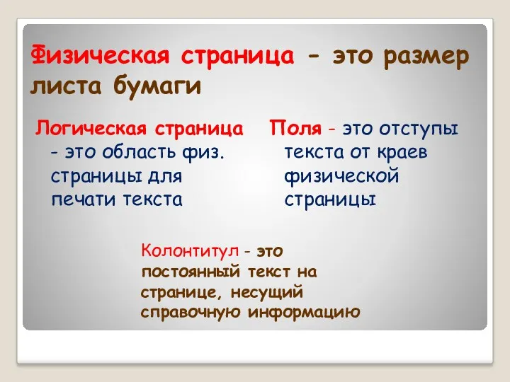 Физическая страница - это размер листа бумаги Логическая страница -