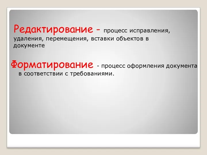 Редактирование - процесс исправления, удаления, перемещения, вставки объектов в документе