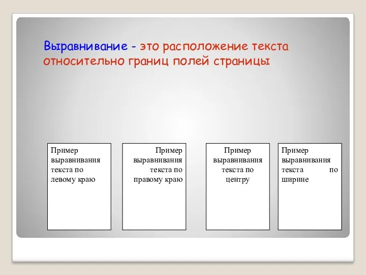 Выравнивание - это расположение текста относительно границ полей страницы Пример