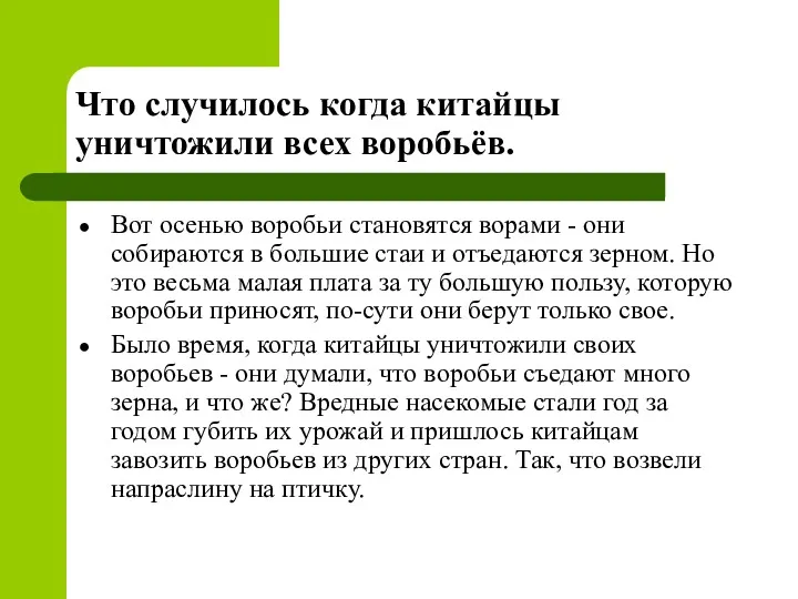 Что случилось когда китайцы уничтожили всех воробьёв. Вот осенью воробьи