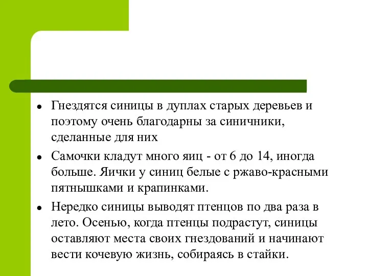 Гнездятся синицы в дуплах старых деревьев и поэтому очень благодарны