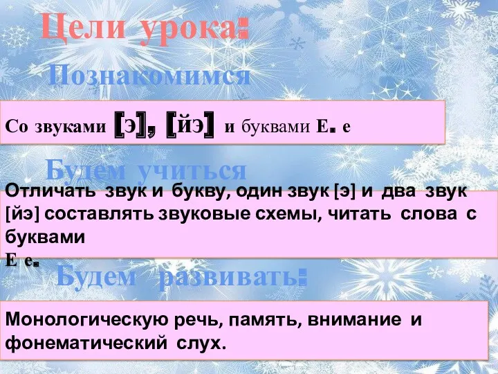 Цели урока: Познакомимся Со звуками [э], [йэ] и буквами Е.