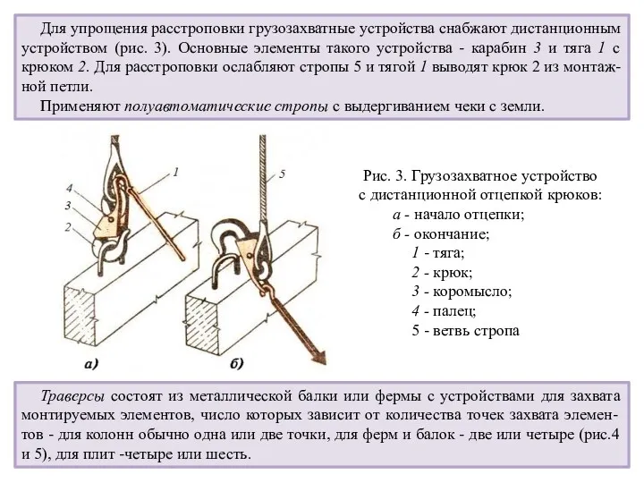 Для упрощения расстроповки грузозахватные устройства снабжают дистанционным устройством (рис. 3).