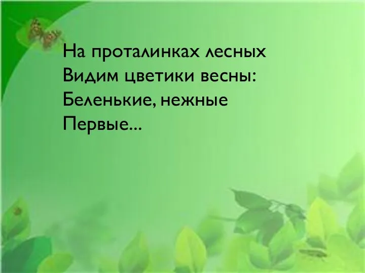 На проталинках лесных Видим цветики весны: Беленькие, нежные Первые...