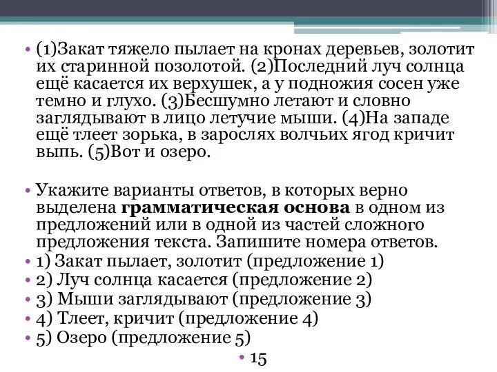 (1)Закат тяжело пылает на кронах деревьев, золотит их старинной позолотой.