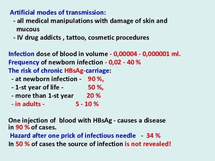 Artificial modes of transmission: - all medical manipulations with damage of skin and