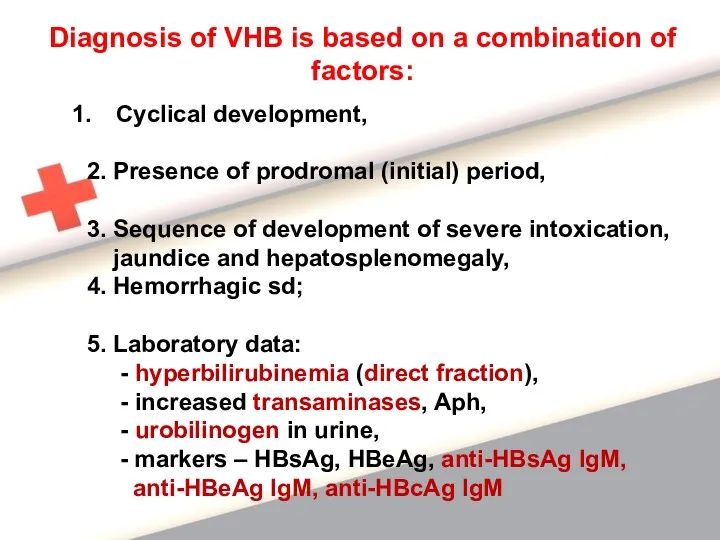 Diagnosis of VHB is based on a combination of factors: Cyclical development, 2.