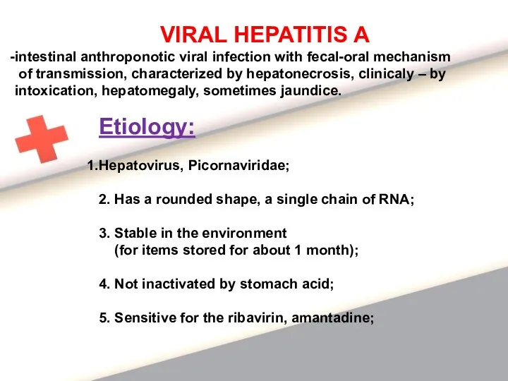 VIRAL HEPATITIS A intestinal anthroponotic viral infection with fecal-oral mechanism of transmission, characterized