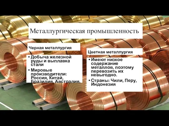 Металлургическая промышленность Черная металлургия Добыча железной руды и выплавка стали