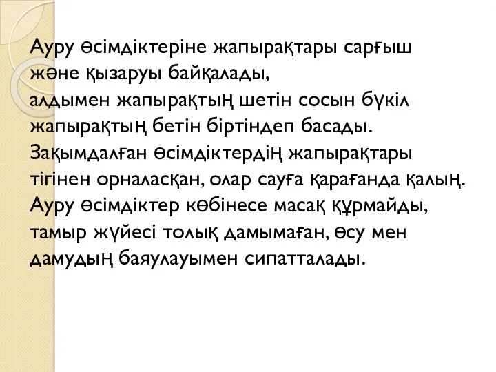 Ауру өсімдіктеріне жапырақтары сарғыш және қызаруы байқалады, алдымен жапырақтың шетін