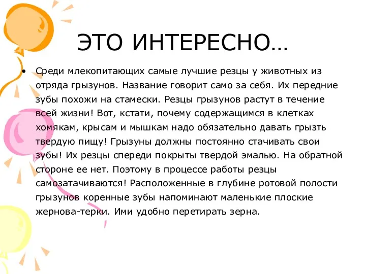 ЭТО ИНТЕРЕСНО… Среди млекопитающих самые лучшие резцы у животных из отряда грызунов. Название