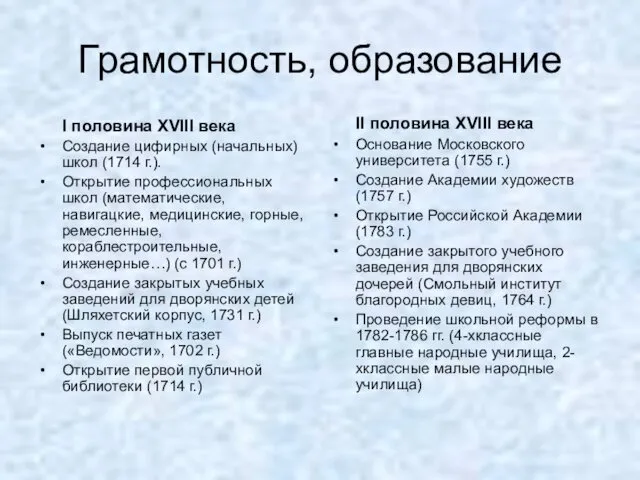 Грамотность, образование I половина XVIII века Создание цифирных (начальных) школ