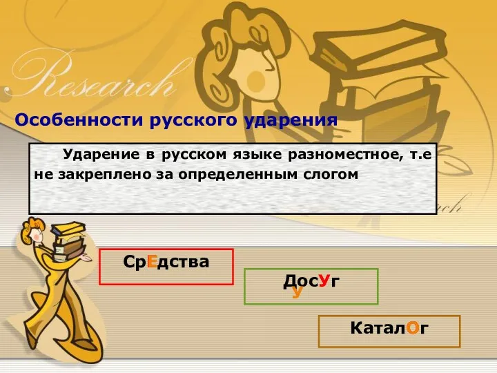 Особенности русского ударения Ударение в русском языке разноместное, т.е не