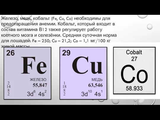 Железо, медь, кобальт (Fe, Cu, Co) необходимы для предотвращения анемии.