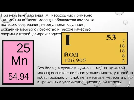 При нехватке марганца (Mn необходимо примерно 100 мг/100 кг живой