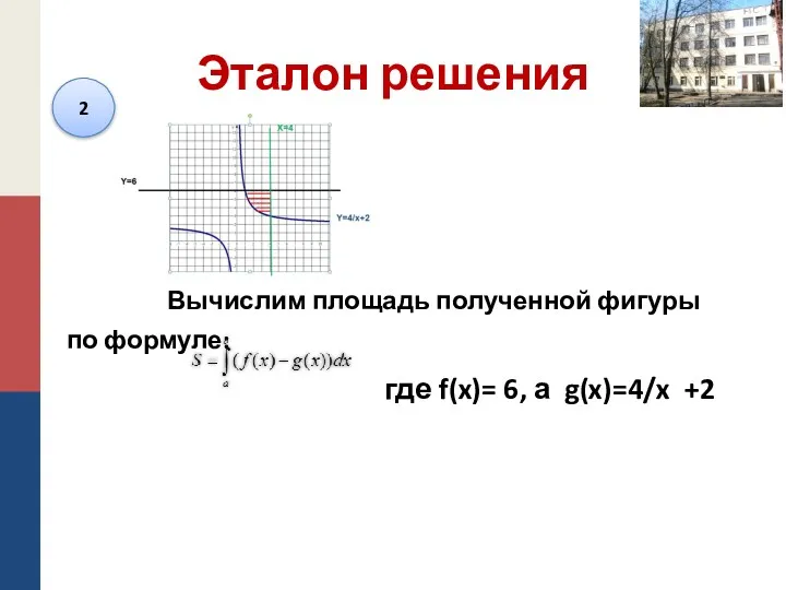 Эталон решения Вычислим площадь полученной фигуры по формуле: где f(x)= 6, а g(x)=4/x +2 2