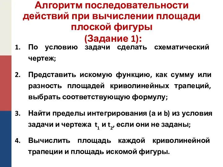 Алгоритм последовательности действий при вычислении площади плоской фигуры (Задание 1):