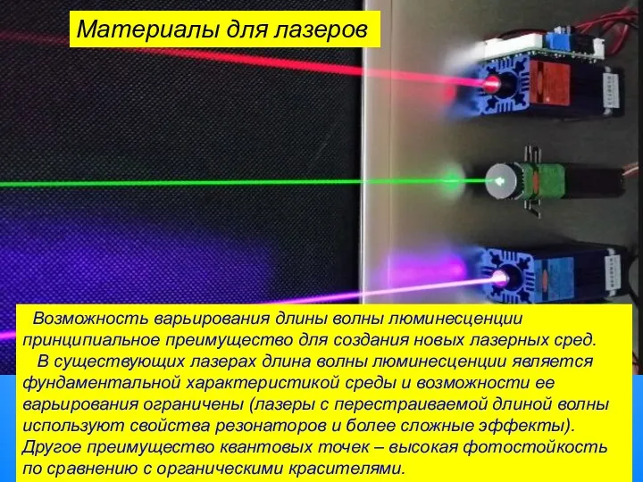 Материалы для лазеров Возможность варьирования длины волны люминесценции принципиальное преимущество