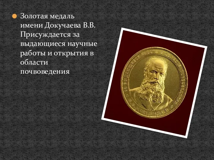 Золотая медаль имени Докучаева В.В. Присуждается за выдающиеся научные работы и открытия в области почвоведения