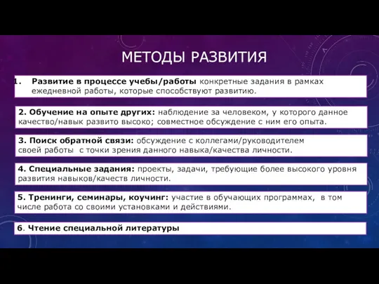 МЕТОДЫ РАЗВИТИЯ Развитие в процессе учебы/работы конкретные задания в рамках