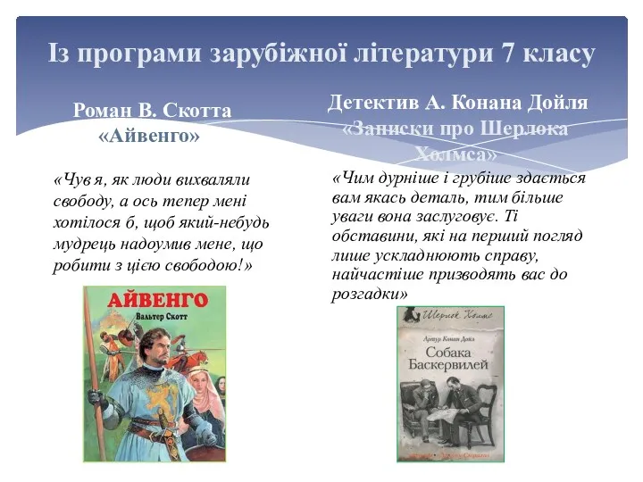 Із програми зарубіжної літератури 7 класу Роман В. Скотта «Айвенго»