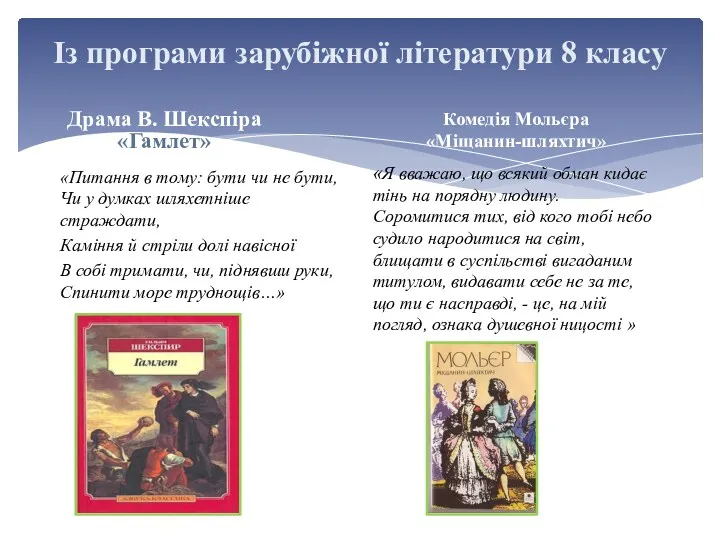 Із програми зарубіжної літератури 8 класу Драма В. Шекспіра «Гамлет»