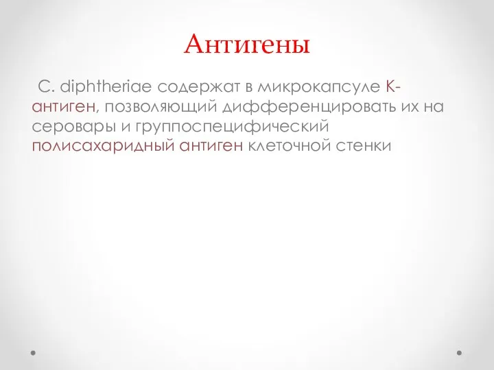 Антигены С. diphtheriae содержат в микрокапсуле К-антиген, позволяющий дифференцировать их на серовары и