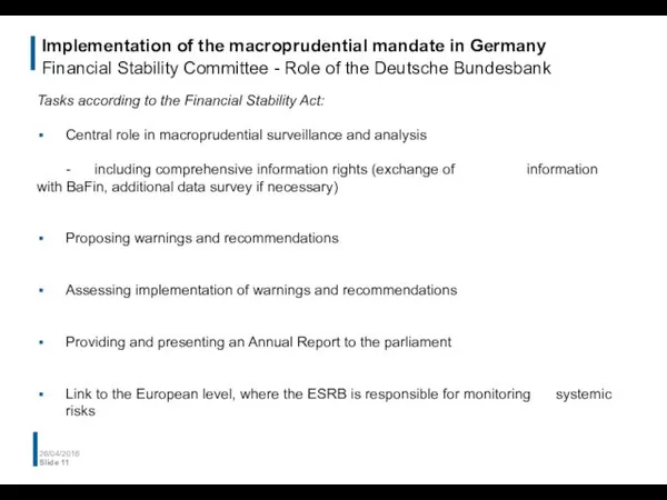 Implementation of the macroprudential mandate in Germany Financial Stability Committee