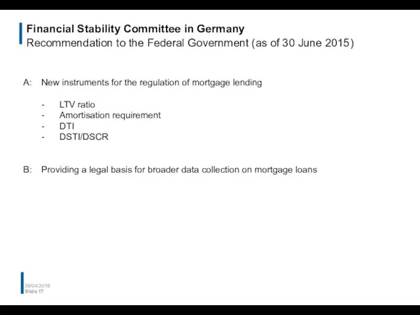 Financial Stability Committee in Germany Recommendation to the Federal Government