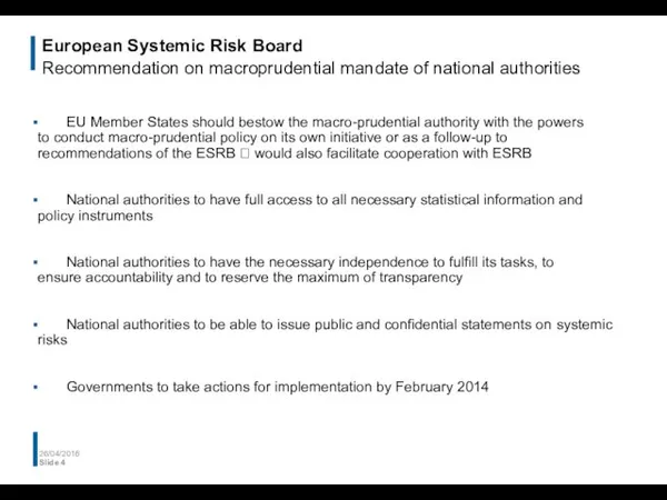 European Systemic Risk Board Recommendation on macroprudential mandate of national