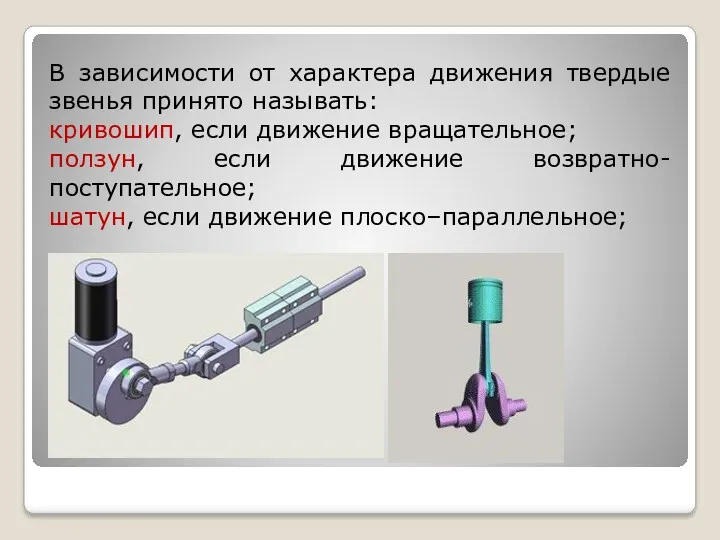 В зависимости от характера движения твердые звенья принято называть: кривошип,