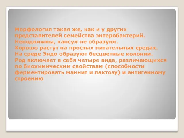 Морфология такая же, как и у других представителей семейства энтеробактерий.