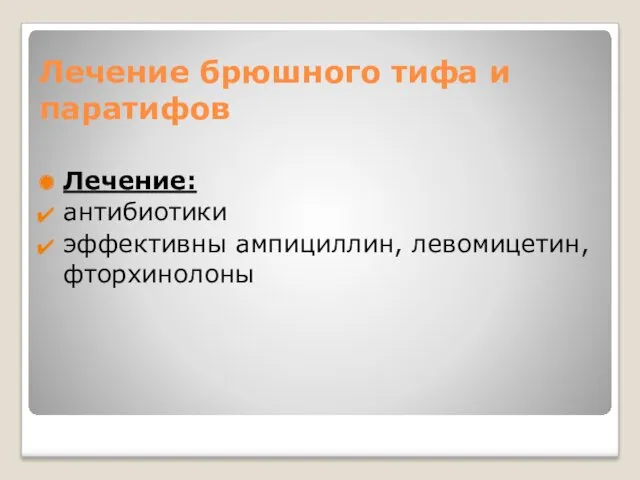 Лечение брюшного тифа и паратифов Лечение: антибиотики эффективны ампициллин, левомицетин, фторхинолоны