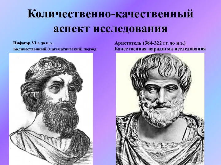 Количественно-качественный аспект исследования Пифагор VI в до н.э. Количественный (математический) подход Аристотель (384-322
