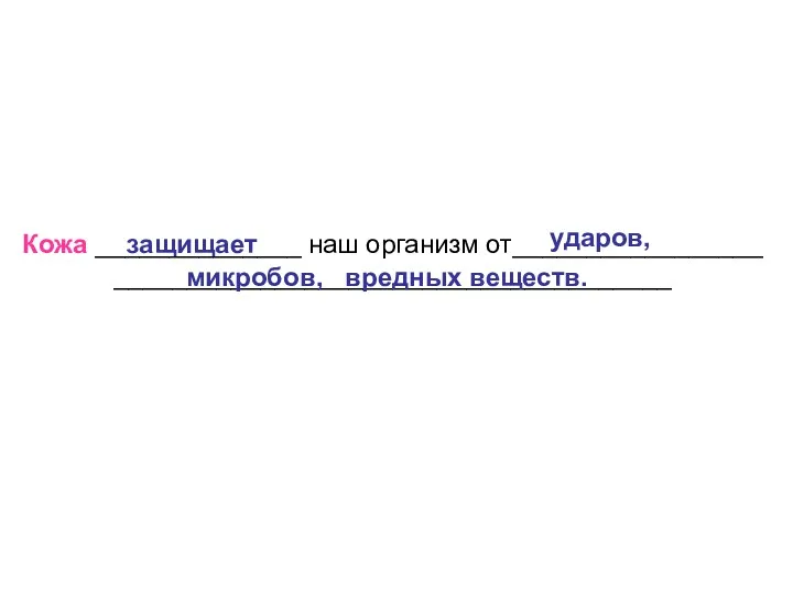 Кожа ______________ наш организм от_________________ ______________________________________ защищает ударов, микробов, вредных веществ.