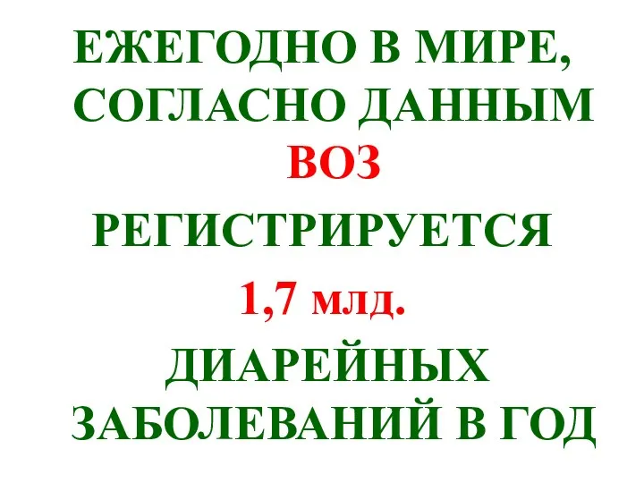 ЕЖЕГОДНО В МИРЕ, СОГЛАСНО ДАННЫМ ВОЗ РЕГИСТРИРУЕТСЯ 1,7 млд. ДИАРЕЙНЫХ ЗАБОЛЕВАНИЙ В ГОД