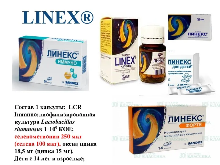 LINEX® Состав 1 капсулы: LCR Immuno:лиофилизированная культура Lactobacillus rhamnosus 1·109
