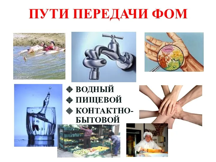 ПУТИ ПЕРЕДАЧИ ФОМ ВОДНЫЙ ПИЩЕВОЙ КОНТАКТНО-БЫТОВОЙ