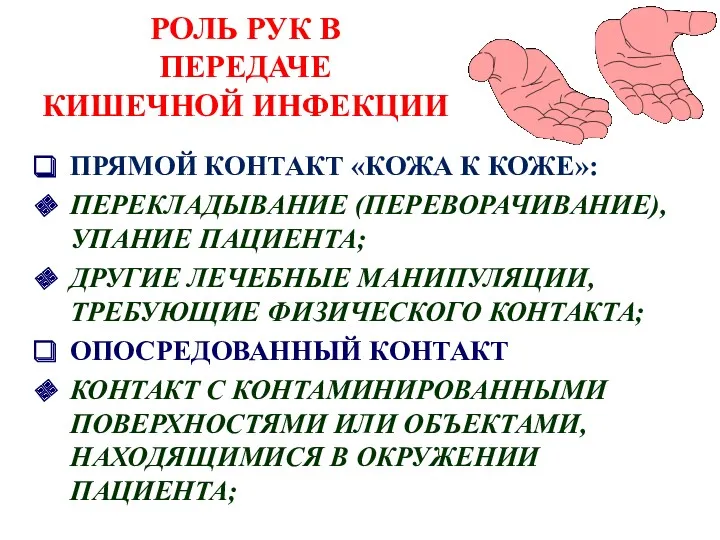 РОЛЬ РУК В ПЕРЕДАЧЕ КИШЕЧНОЙ ИНФЕКЦИИ ПРЯМОЙ КОНТАКТ «КОЖА К