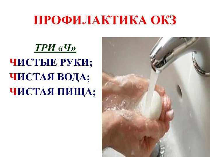 ПРОФИЛАКТИКА ОКЗ ТРИ «Ч» ЧИСТЫЕ РУКИ; ЧИСТАЯ ВОДА; ЧИСТАЯ ПИЩА;