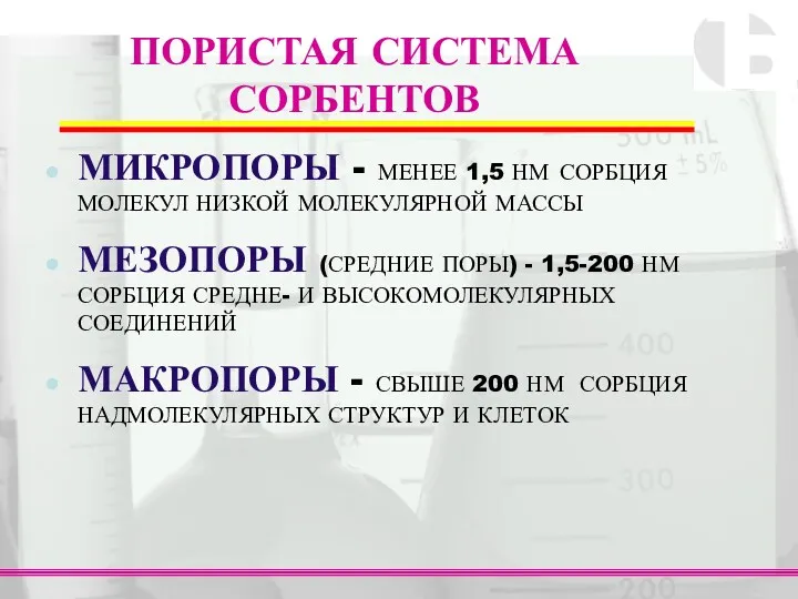 ПОРИСТАЯ СИСТЕМА СОРБЕНТОВ МИКРОПОРЫ - МЕНЕЕ 1,5 НМ СОРБЦИЯ МОЛЕКУЛ