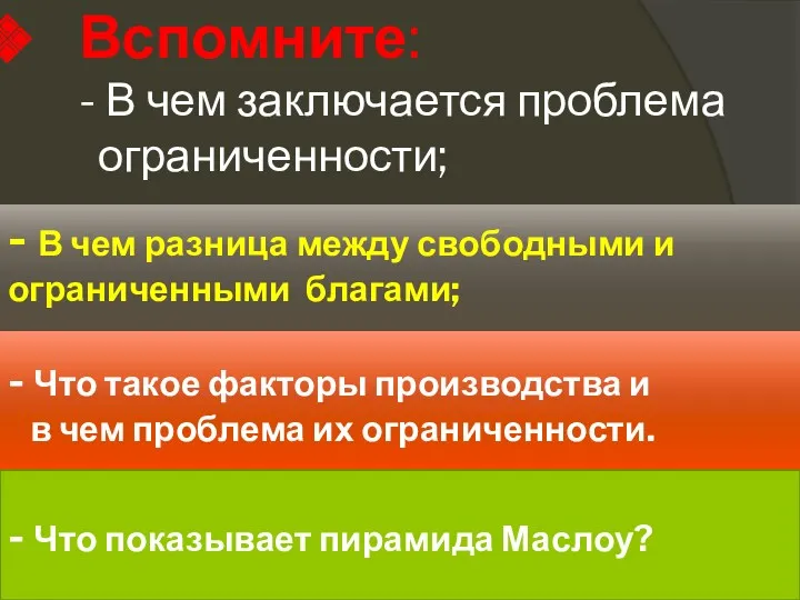 Вспомните: - В чем заключается проблема ограниченности; - В чем разница между свободными