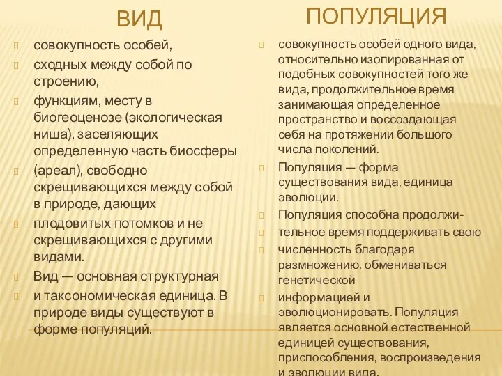 ВИД совокупность особей, сходных между собой по строению, функциям, месту