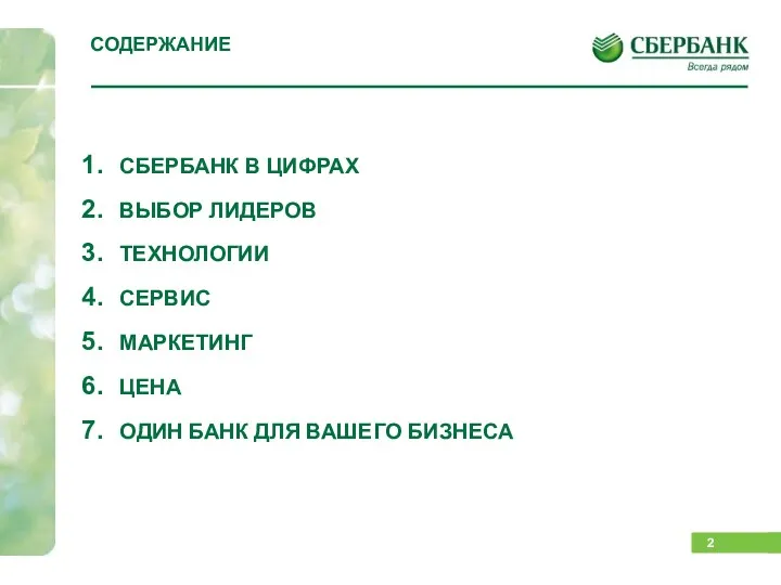 СБЕРБАНК В ЦИФРАХ ВЫБОР ЛИДЕРОВ ТЕХНОЛОГИИ СЕРВИС МАРКЕТИНГ ЦЕНА ОДИН БАНК ДЛЯ ВАШЕГО БИЗНЕСА СОДЕРЖАНИЕ